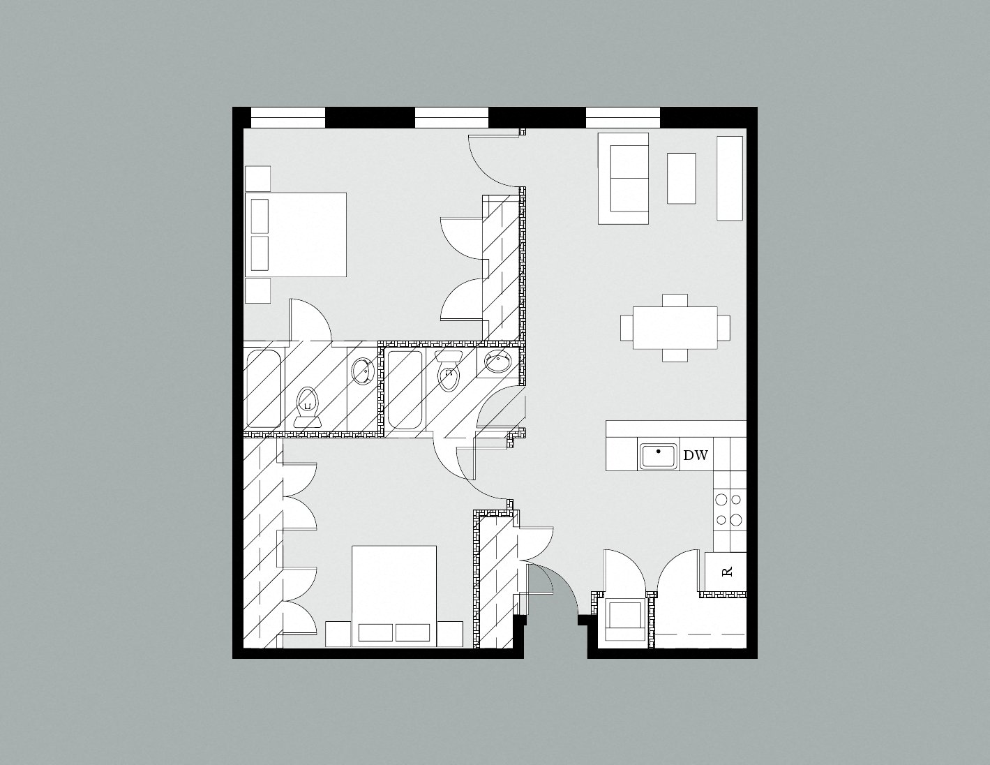 Floor plan for 2 beds, 2 baths, 1100 sqft